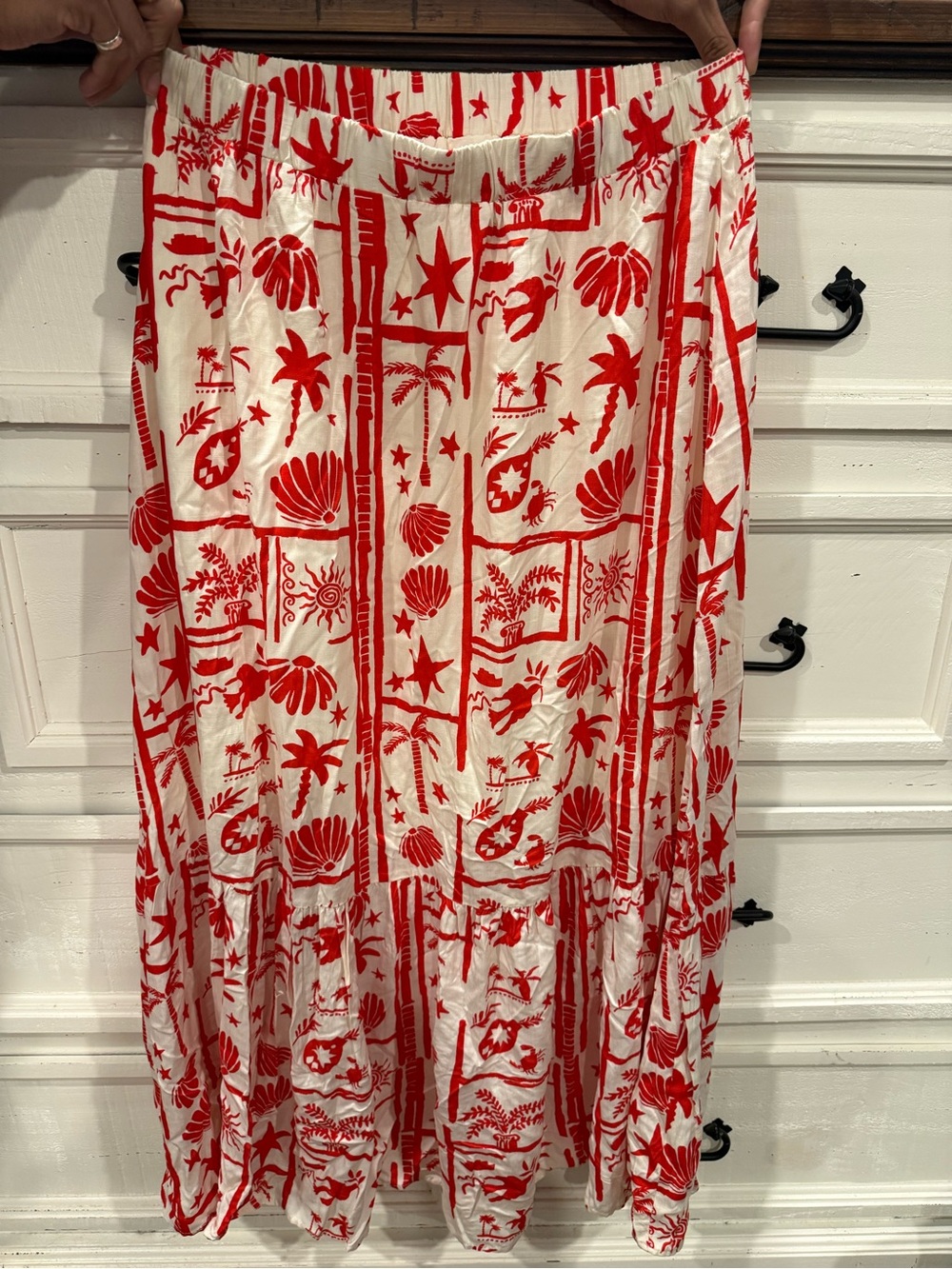 Women’s Red and White Printed Maxi Skirt